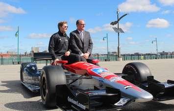 IndyCar driver Josef Newgarden and Windsor Mayor Drew Dilkens announce Canadian ticket packages for the Detroit Belle Isle Grand Prix, April 12, 2016. (Photo by Maureen Revait) 