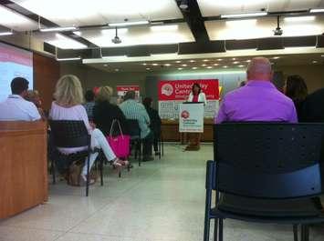 United Way CEO Lorraine Goddard making an announcement in Leamington. (Photo by Kevin Black)