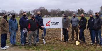 Groundbreaking for Wanstead Grain Expansion in Alvinston.
From left to right:
Norm Minielly (Treasurer), Dave Minielly (Director), Gord Book (Branch Manager), Jamie Duncan (Director), Martin Gerrits (President), Mayor Dave Ferguson (Municipality of Brooke-Alvinston), Rick Patterson (Director), Peter Kelly (General Manager), Garry Straatman (Treasurer), Nathan Ikert (Director), Absent Tim Packet (Director).
Mar. 29, 2021 (Submitted photo)