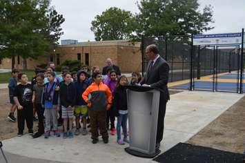 Windsor Mayor Drew Dilkens greets grade five students at the opening of the Forest Glade Sports Courts on September 24, 2018. Photo by Mark Brown/Blackburn News.