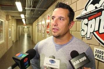 Newly appointed San Jose Sharks Assistant Coach Bob Boughner addresses the media at the WFCU Centre in Windsor, July 2, 2015. (Photo by Mike Vlasveld)