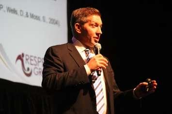 Former Detroit Red Wings Forward Sheldon Kennedy talks about preventing child abuse in Windsor at the St. Clair College Centre for the Arts, October 23, 2015. (Photo by Mike Vlasveld)