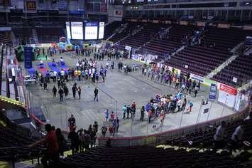 Thousands of students participate in the United Way's annual iClimb event at the WFCU Centre in Windsor, February 22, 2017. (Photo by Mike Vlasveld)