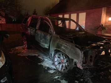 Damage after vehicle fire in Leamington. Dec. 14, 2019. (Photo courtesy of Leamington Fire via Twitter) 