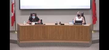 Greater Essex County District School Board Director of Education Erin Kelly and Board Chairperson Alicia Higgison preside over a special meeting on September 1, 2021. Image from GECDSB Meetings/YouTube.