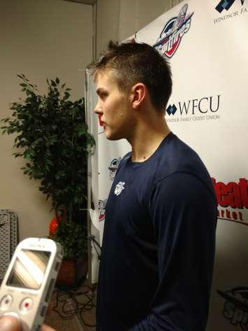 Windsor Spitfires captain Patrick Sanvido meets with the media following the Spitfires' 5-1 win over the Saginaw Spirit at the WFCU Centre in Windsor, Nov 27 (PHOTO/Mark Brown)