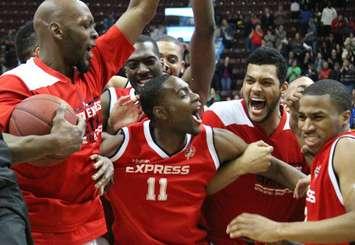 The Windsor Express celebrate their first championship in franchise history, April 17, 2014. (Photo by Mike Vlasveld)