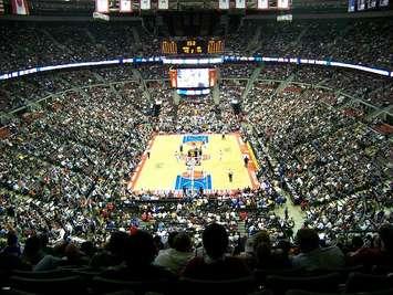 The Palace of Auburn Hills is shown during a 2006 game between the Detroit Pistons and the Utah Jazz. Photo by Kevin Ward/Wikipedia.