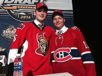 Mikhail Sergachev and Logan Brown after being drafted into the NHL. (Photo courtesy of the Windsor Spitfires)