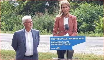 Ontario Transportation Minister Caroline Mulroney (pictured to the right) is joined by Chatham-Kent-Leamington MPP Rick Nicholls (to the left) August 12, 2019. (Photo by Mark Brown)