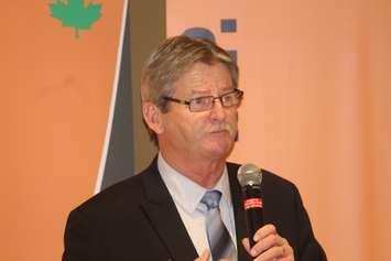 MP Scott Duvall of Hamilton Mountain, NDP pensions critic, at a town hall on pension protection at Ciaciaro Club, Oldcastle, November 14, 2017. Photo by Mark Brown/Blackburn News.