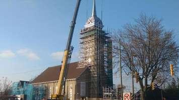 The steeple at St. Anne's Church in Tecumseh has finally been raised.  November 14, 2017.  (Photo by Mark Brown)