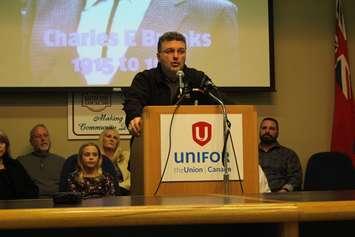 Unifor Local 444 President Dino Chiodo speaks at the Unifor hall on Turner Rd. in Windsor, January 24, 2017. (Photo by Mike Vlasveld)