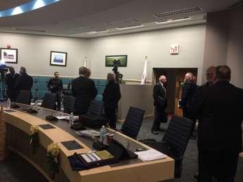 Essex County Councillors stop to chat with each other after adjourning their final meeting on November 19, 2014. (Photo by Ricardo Veneza)