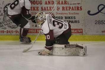 Chatham Maroons goaltender Brendan Johnston warms up ahead of a game against the Strathroy Rockets. February 4, 2017. (Photo by Matt Weverink)