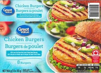 Great Value Chicken Burgers recalled. (Photo courtesy of the Canadian Food Inspection Agency)