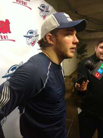 Brendan Lemieux, new with the Windsor Spitfires following a trade from the Barrie Colts, talks to reporters following the Spits' 4-3 overtime loss to Mississauga at the WFCU Centre in Windsor on Dec. 10.  Lemieux scored a goal and an assist in his Windsor debut (PHOTO/Mark Brown)