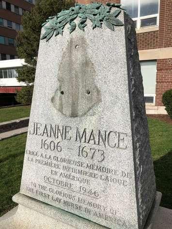 Windsor Regional Hospital said the copper "bust/sculpture” of Jeanne Mance is missing at Ouellette Campus & likely stolen. Apr 15, 2019. (Photo courtesy of WRH)