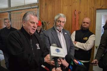 Ken Lewenza Sr., left, Essex County Warden Tom Bain and Mark Williams discuss the Leamington Horse Racing Association and its negotiations with OLG in South Woodslee, October 18, 2018. Photo by Mark Brown/Blackburn News.com.