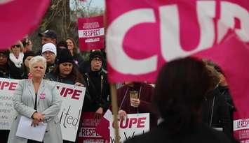 CUPE 1358 President Darlene Sawchuk attends a protest, October 27, 2015. (Photo by Jason Viau)