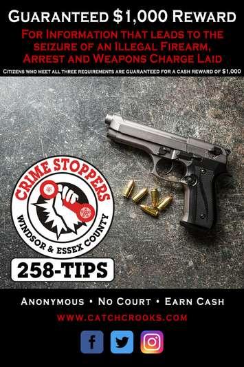 Cash rewards are again being offered to try and get illegal firearms off Windsor area streets. July 12, 2019. (Photo courtesy of Windsor and Essex County Crime Stoppers)