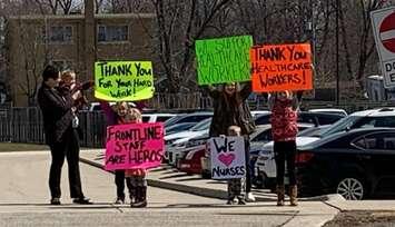 Residents showing support for Sarnia-Lambton healthcare workers during the COVID-19 pandemic. March 2020. (Photo by Bluewater Health)