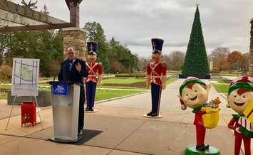 Mayor Drew Dilkens speaks to reporters during the Bright Lights Windsor media preview at Jackson Park. November 27, 2018. (Photo by Allanah Wills)