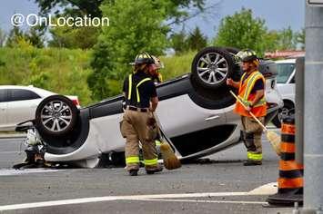 A rolled-over vehicle is shown in the area of Ojibway Parkway and E.C. Row Expressway in Windsor, July 8, 2022. Photo courtesy OnLocation/Twitter.