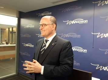 Windsor Mayor Drew Dilkens shows off the media room at the new City Hall, June 4, 2018. Photo by Mark Brown/Blackburn News.