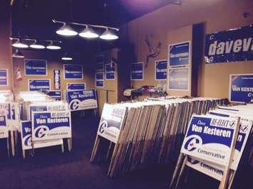 Sign preparation well under way at Incumbent Dave Van Kesteren's Chatham-Kent campaign office. Aug. 17, 2015. (Photo by Simon Crouch)