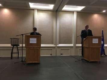 The two top contenders for the mayor's seat in Windsor faced off at the Windsor-Essex Regional Chamber of Commerce debate at the Fogolar Furlan Club. Oct 10, 2018. (Photo by Paul Pedro)