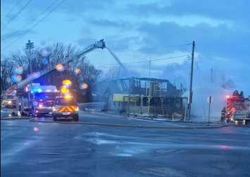 Photo of the fire at Paula's Fish Place on Point Pelee Drive, April 1, 2021. (Photo courtesy of Rob Spring)