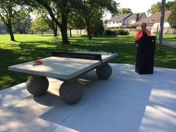 Former Windsor resident Dianne Moore and her husband Jim donate a concrete ping pong table to Kiwanis Park in Windsor, October 6, 2016. (Photo by Mike Vlasveld)