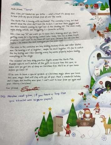 Jeff Allard says his seven-year-old daughter received this letter back from Santa through Canada Post. (Photo courtesy Jeff Allard)