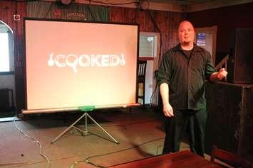 Web series "Cooked" creator Joel Boyce talks about a kickstarter campaign at the Dominion House in Windsor, April 8, 2015. (Photo by Mike Vlasveld)