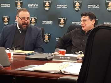 Windsor Police Services Board member Rino Bortolin, left, and Amherstburg Mayor Aldo DiCarlo talk before their meeting on March 21, 2019. Photo by Mark Brown/Blackburn News.