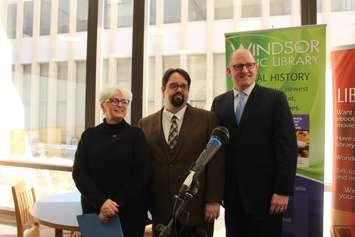 Kitty Pope, Ron Dunn and Windsor Mayor Drew Dilkens announce the sale of the Windsor Public LIbrary Central Branch on Ouellette Ave. 