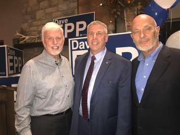 Chatham-Kent-Leamington MPP Rick Nicholls (left) and former CKL MP Dave Van Kesteren (right) pose with Dave Epp after he was elected in the riding on October 21, 2019. (Photo by Allanah Wills)