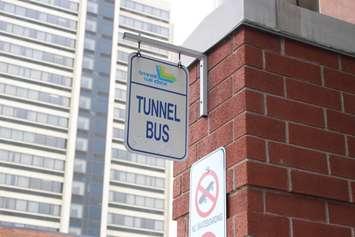 The Tunnel Bus sign hangs out front of the Transit Windsor bus terminal downtown on April 6, 2015. (Photo by Ricardo Veneza)
