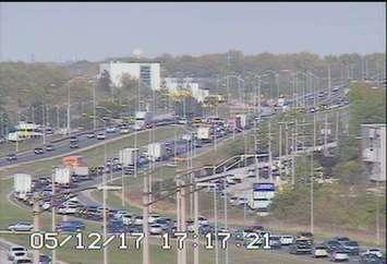 Traffic was backed up following a collision on the EC Row Expwy., May 12, 2017. (Photo from Windsor traffic cameras)