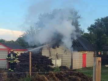 Firefighters battle a shed fire on Deer Run Rd. in Leamington, August 28, 2016. (Photo courtesy of Leamington Fire Services)