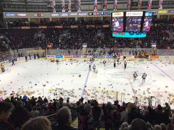 Teddy bears litter the ice at the WFCU Centre during the Windsor Spitfires 4-3 win over the Erie Otters on December 7, 2017. Photo from Twitter/Windsor Spitfires.