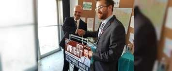 Windsor Ward 5 city council candidate Martin Utrosa, left, shakes hands with candidate Joey Wright in officially endorsing Wright's campaign, at Utrosa's campaign headquarters on Drouillard Rd., Windsor, October 18, 2018. Photo by Mark Brown/Blackburn News.