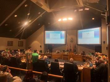 Simon Swanek and Reanne Rekker giving a deputation at a council meeting on Monday, July 15, 2019 and the Civic Centre in Chatham. (Photo via Zero Waste CK Facebook)