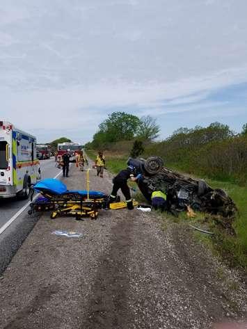 Crews work a collision on Highway 3 in Kingsville, May 23, 2019. Photo provided by Ontario Provincial Police.