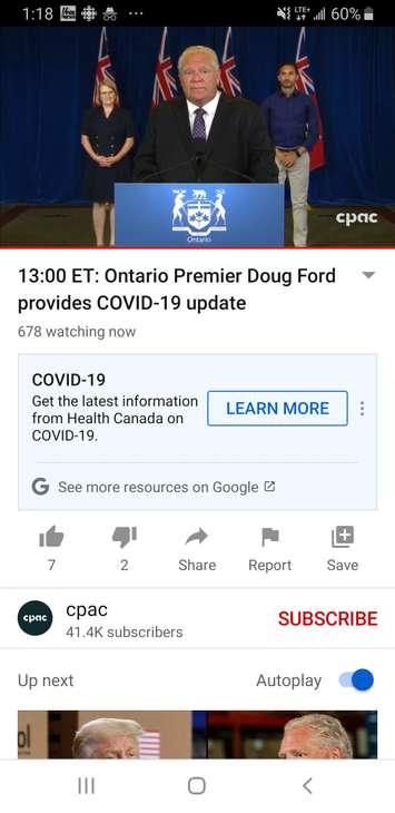 Ontario Premier Doug Ford speaks from Queens Park in Toronto, as Solicitor General Sylvia Jones and Education Minister Stephen Lecce listen, August 10, 2020. Image courtesy YouTube/CPAC.