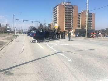 OPP investigate a car crash involving two vehicles on Erie Street South in Leamington. April 18, 2020. (Photo via OPP news portal)