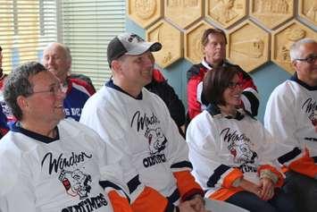 Bill Kell (left), Chris Hill (centre), and Sandy Garneau (right) attend a news conference regarding the CARHA Hockey World Cup on April 1, 2016. (Photo by Ricardo Veneza)