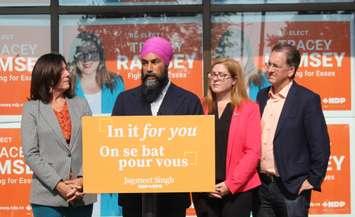 NDP leader Jagmeet Singh campaigns in Essex with local candidates Cheryl Hardcastle, Tracey Ramsey and Brian Masse, September 20, 2019. (Photo by Maureen Revait) 