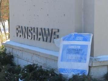 A faculty strike signs rests against the Cheapside St. entrance to Fanshawe College . (Photo by Miranda Chant, Blackburn News)